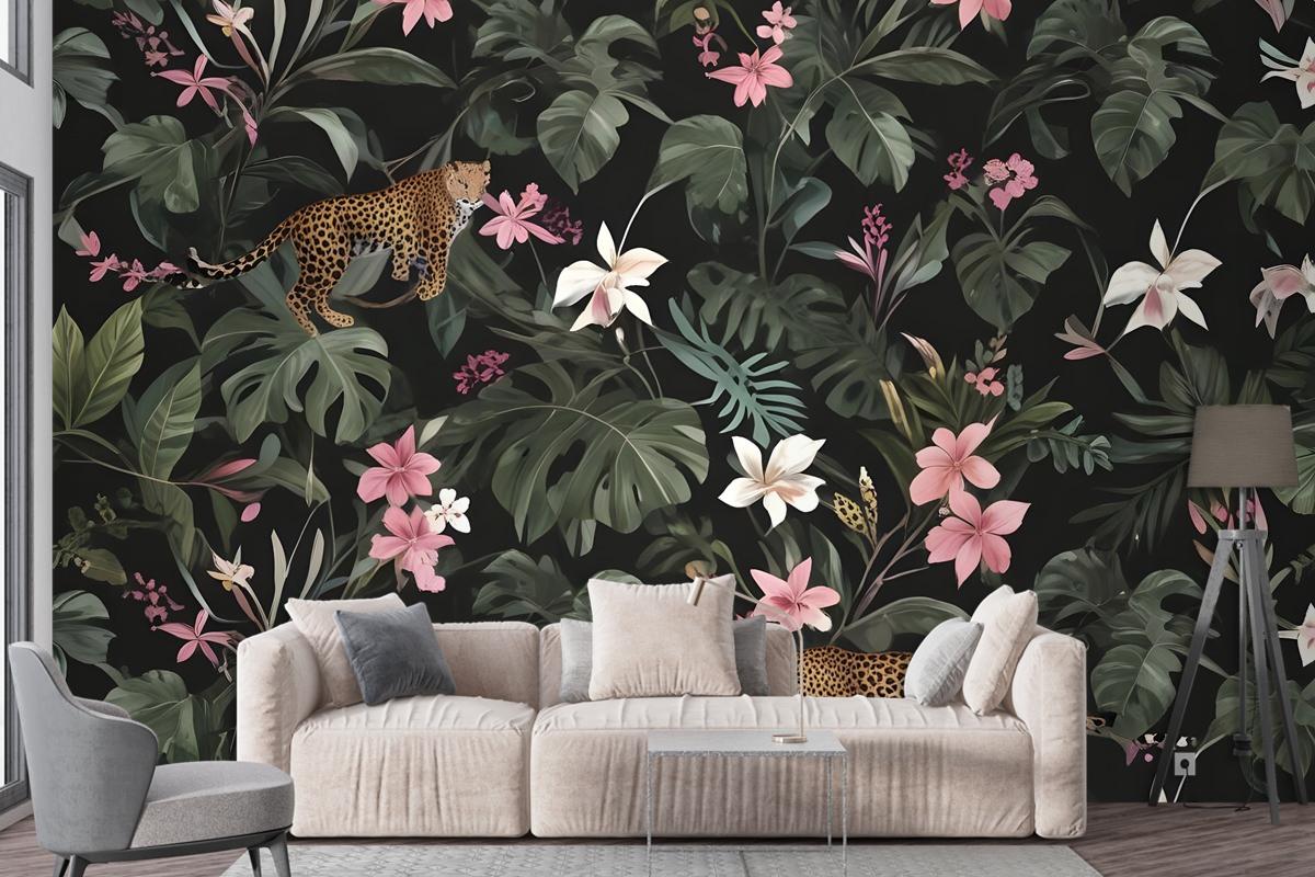 Watercolor Dark Tropical Art With Leopard Wallpaper Mural