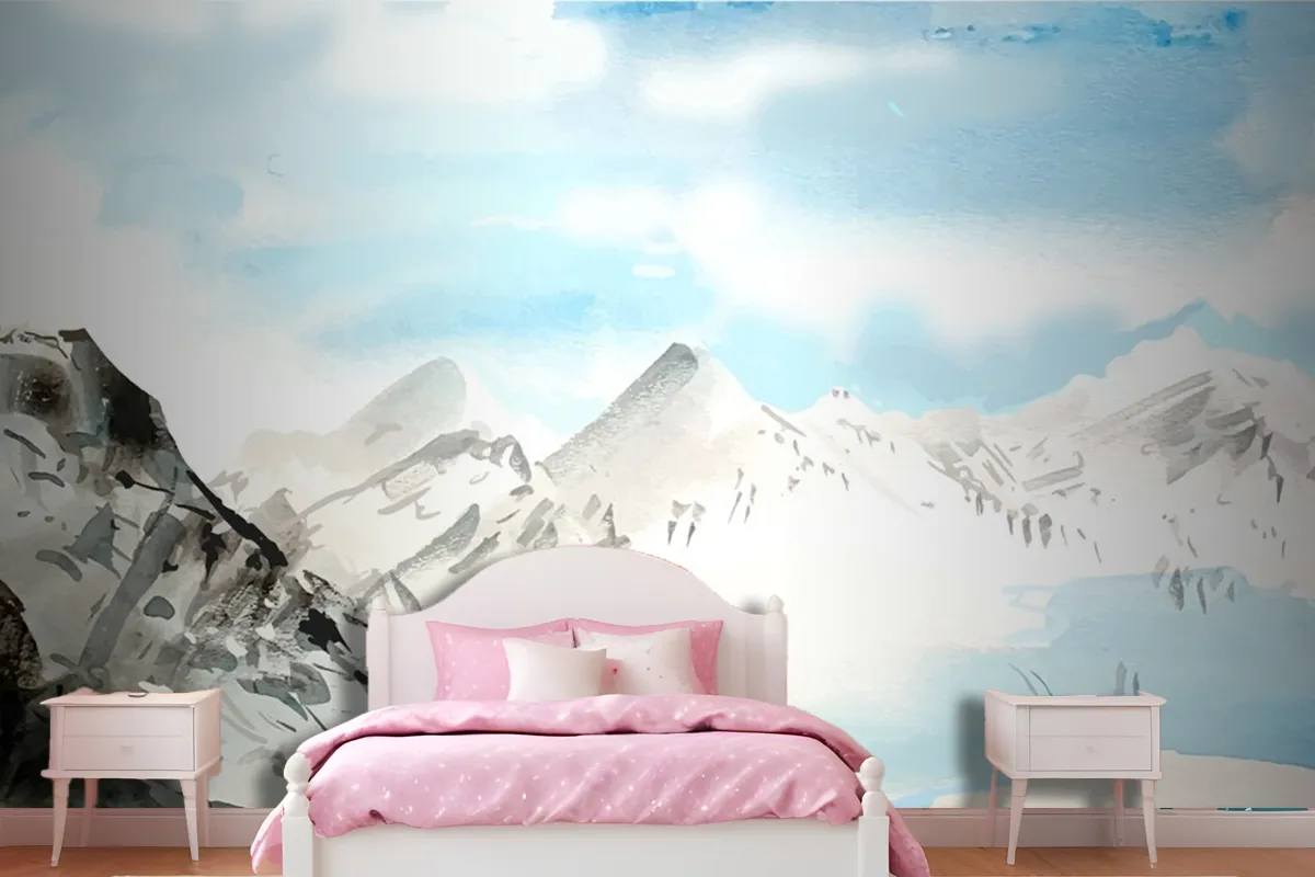 Watercolor Daytime Mountains Background Wallpaper Mural