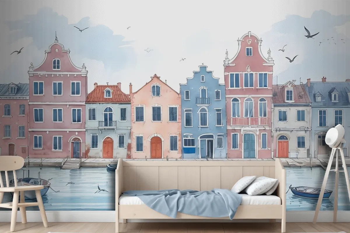 Watercolor Dutch Houses Wallpaper Mural For Kids