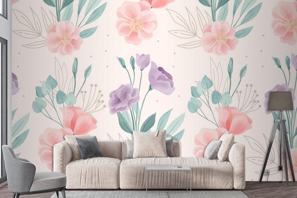 Watercolor Floral Motif Pattern Wallpaper Mural