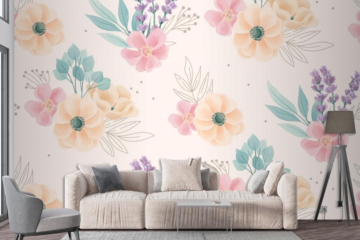 Watercolor Floral Ornaments Pattern Wallpaper Mural