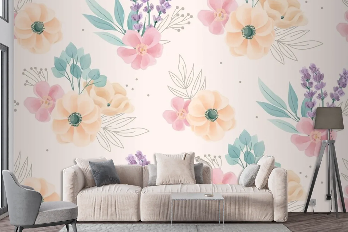 Watercolor Floral Ornaments Pattern Wallpaper Mural