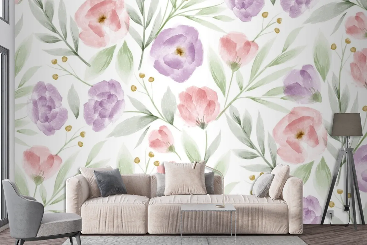 Watercolor Floral Pattern Wallpaper Mural