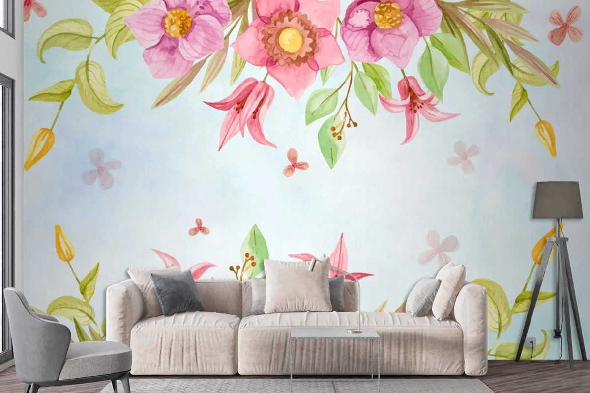 Watercolor Flowers Background In Pastel Colors Wallpaper Mural