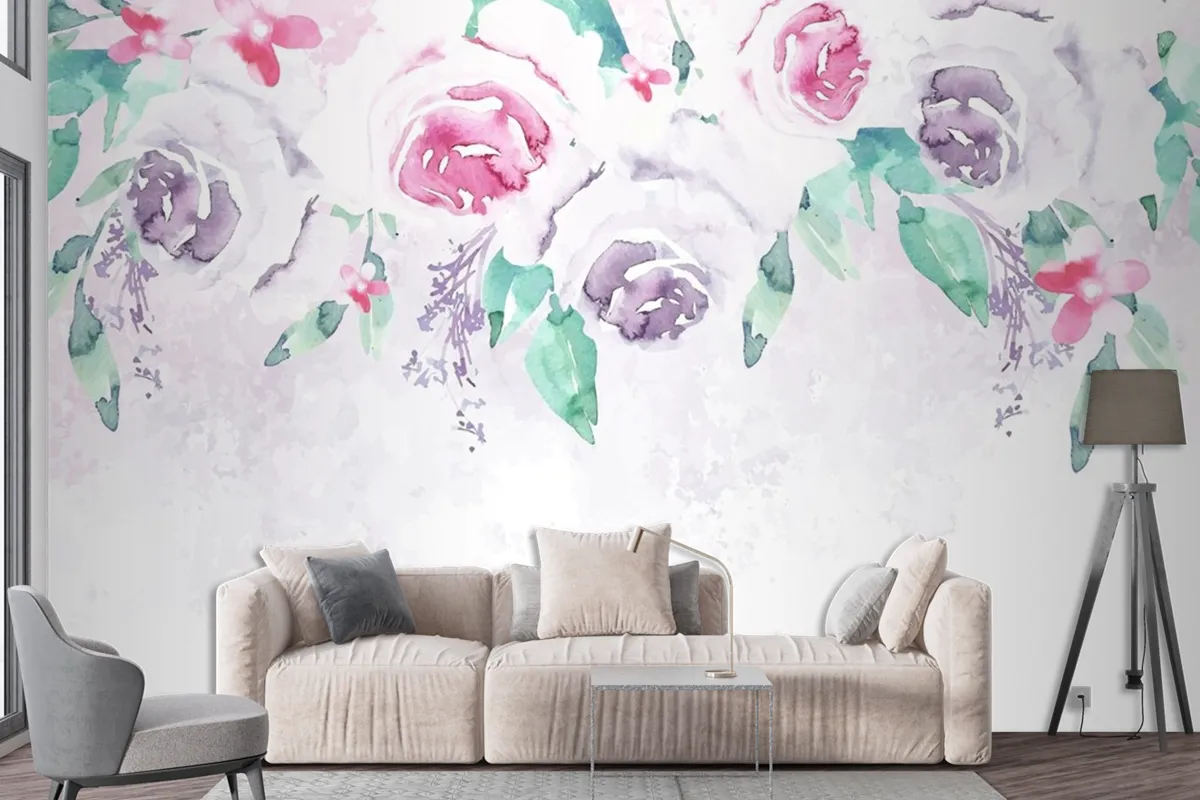 Watercolor Flowers Wallpaper In Pastel Colors Wallpaper Mural