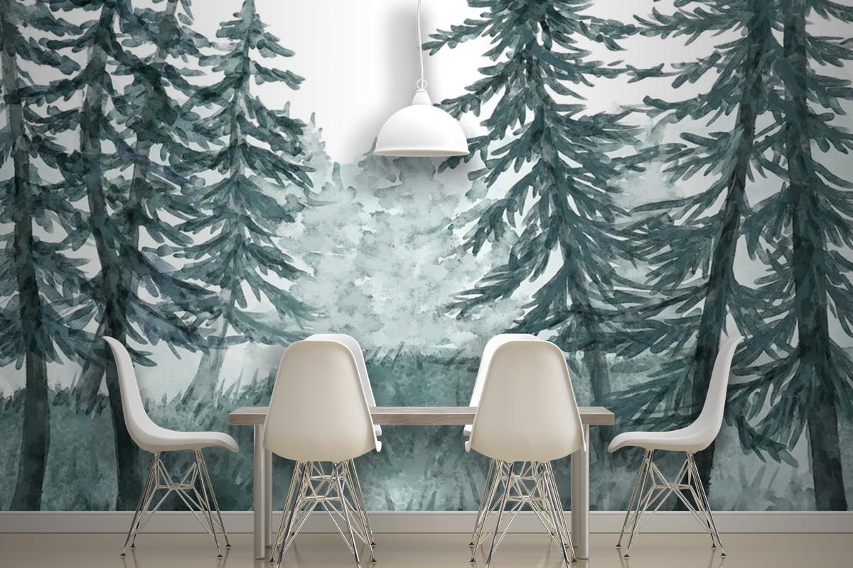 Watercolor Forest Landscape Dining Room Wallpaper Mural