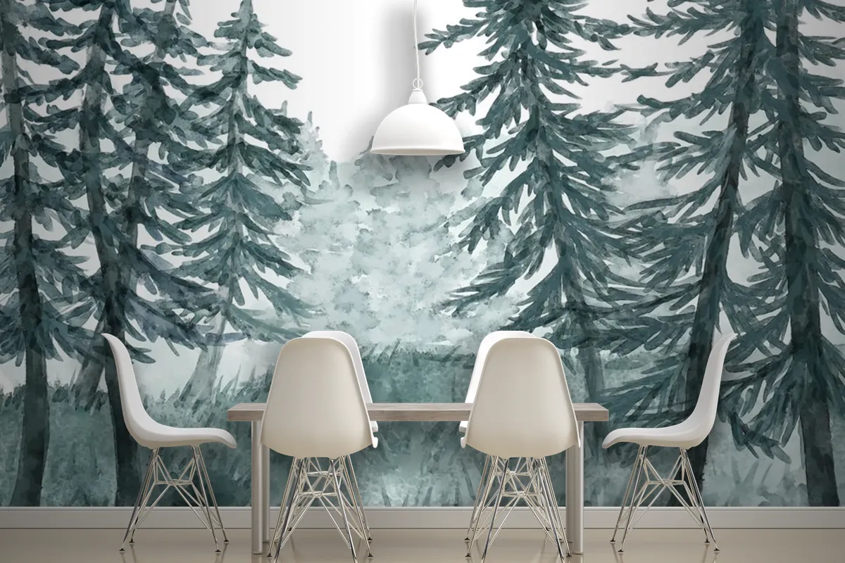 Watercolor Forest Landscape Dining Room Wallpaper Mural