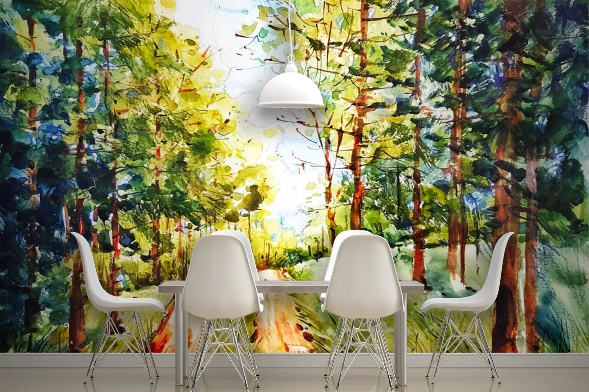 Watercolor Forest Landscape Wallpaper Mural