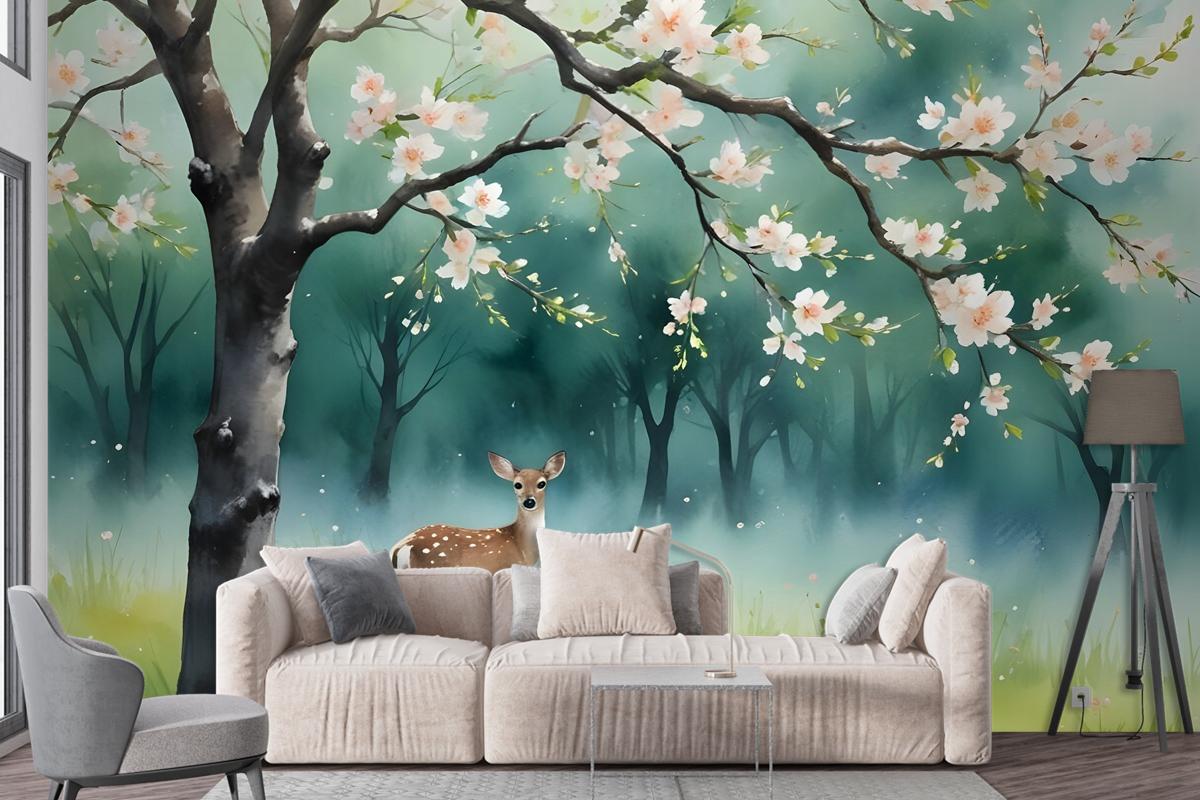 Watercolor Forest With Peach Blossom Wallpaper Mural