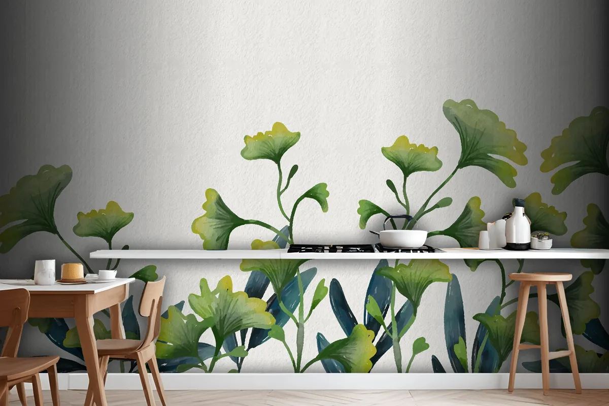 Watercolor Green Leaves Wallpaper Mural