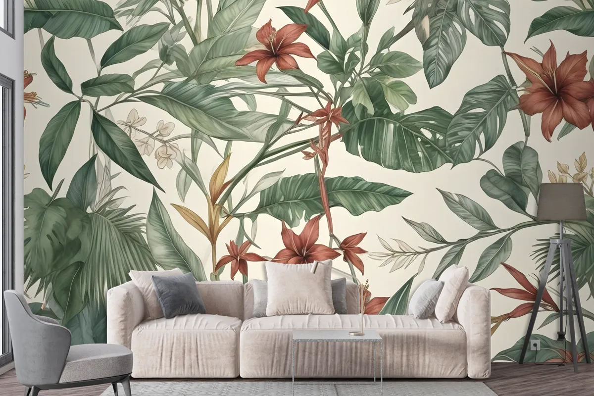 Watercolor Green Tropical Leaves Wallpaper Mural