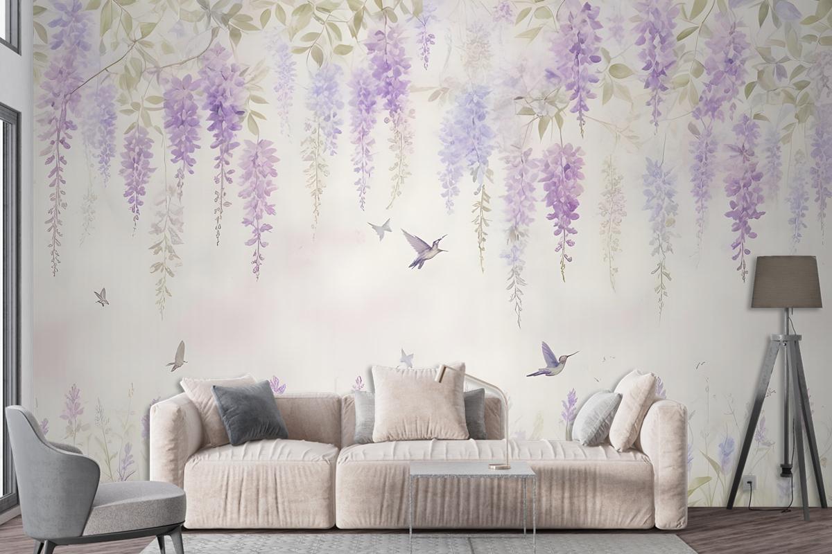 Watercolor Hanging Wisteria Flowers With Hummingbirds Wallpaper Mural