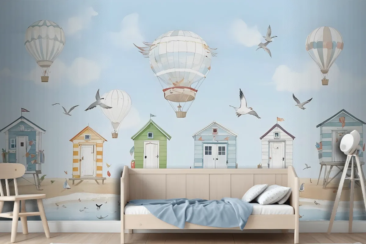 Watercolor Kids Beach House With Hot Air Balloons