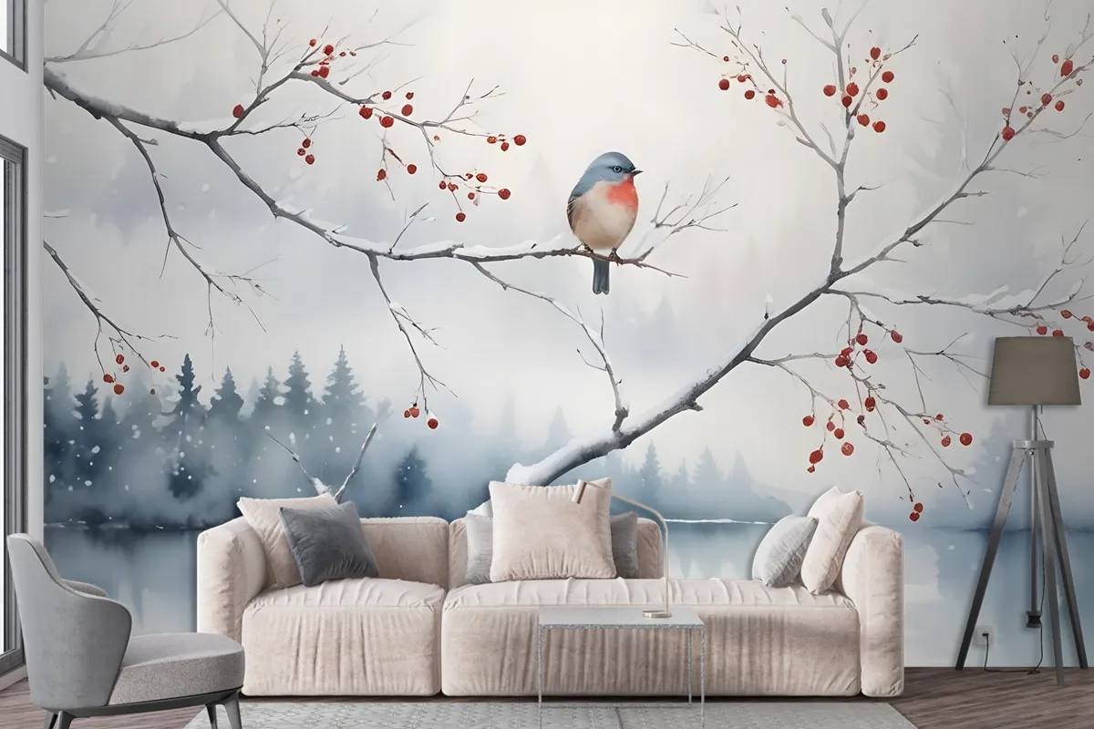 Watercolor Lake Landscape With Birds Wallpaper Mural