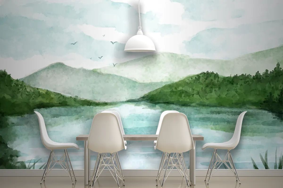 Watercolor Lake Scenery Wallpaper Mural