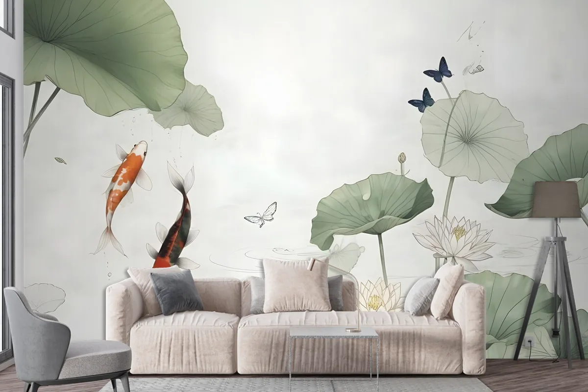 Watercolor Lotus Flower And Butterflies Wallpaper Mural