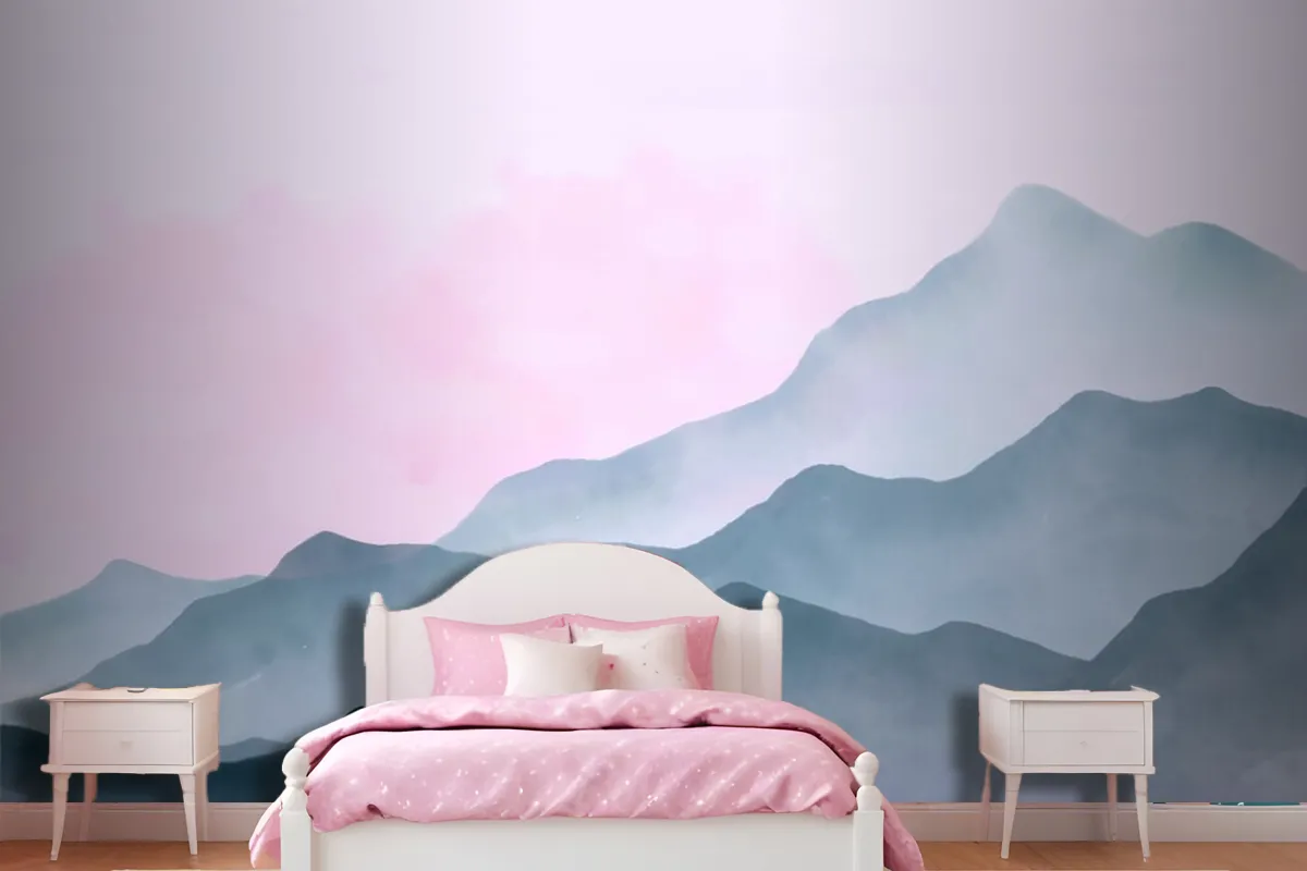 Watercolor Mountains Background With Pink Sky Wallpaper Mural