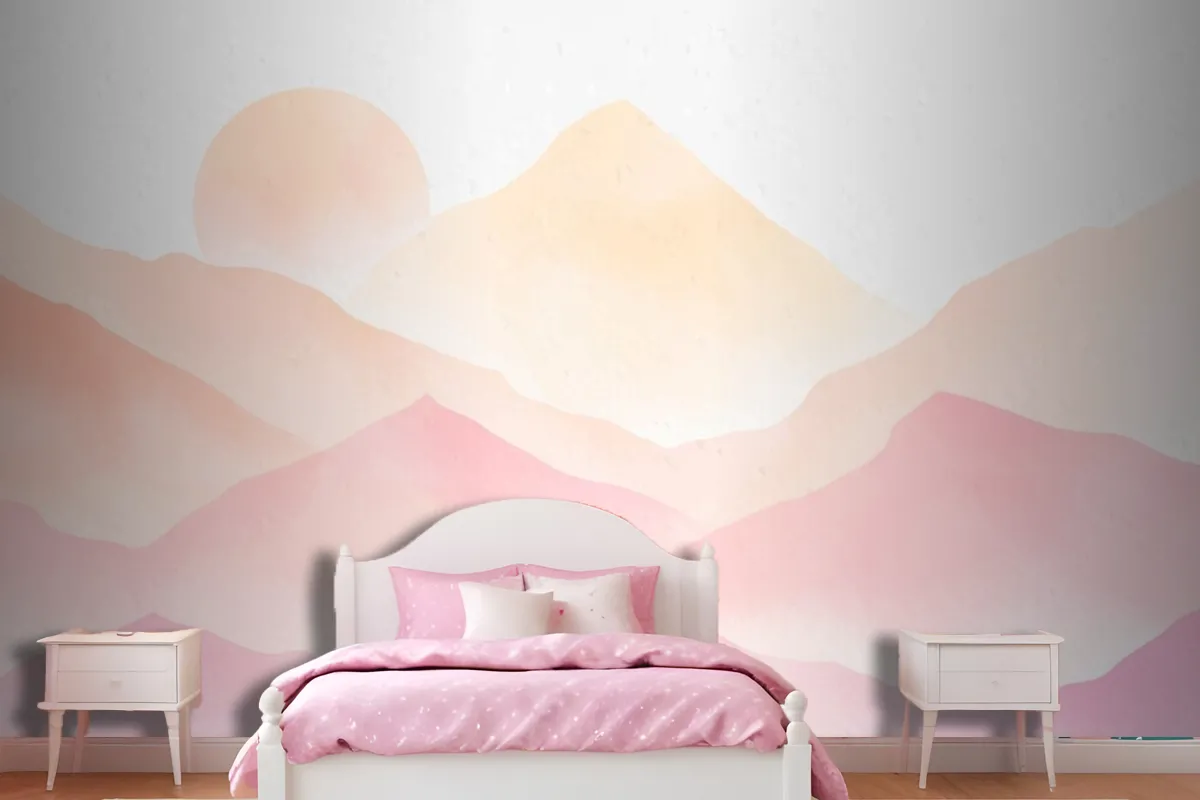 Watercolor Mountains Pink Background Wallpaper Mural