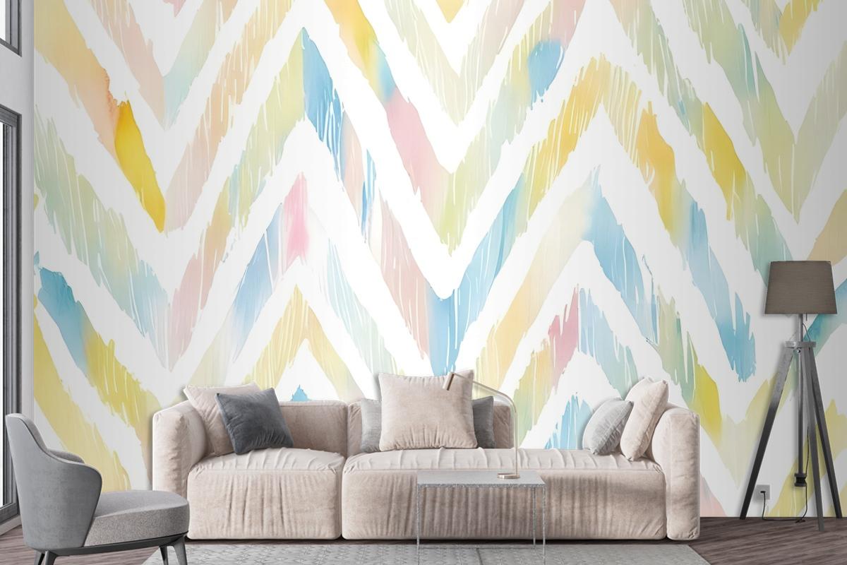 Watercolor Multicolor Chevron Ikat Design Art Wallpaper Mural