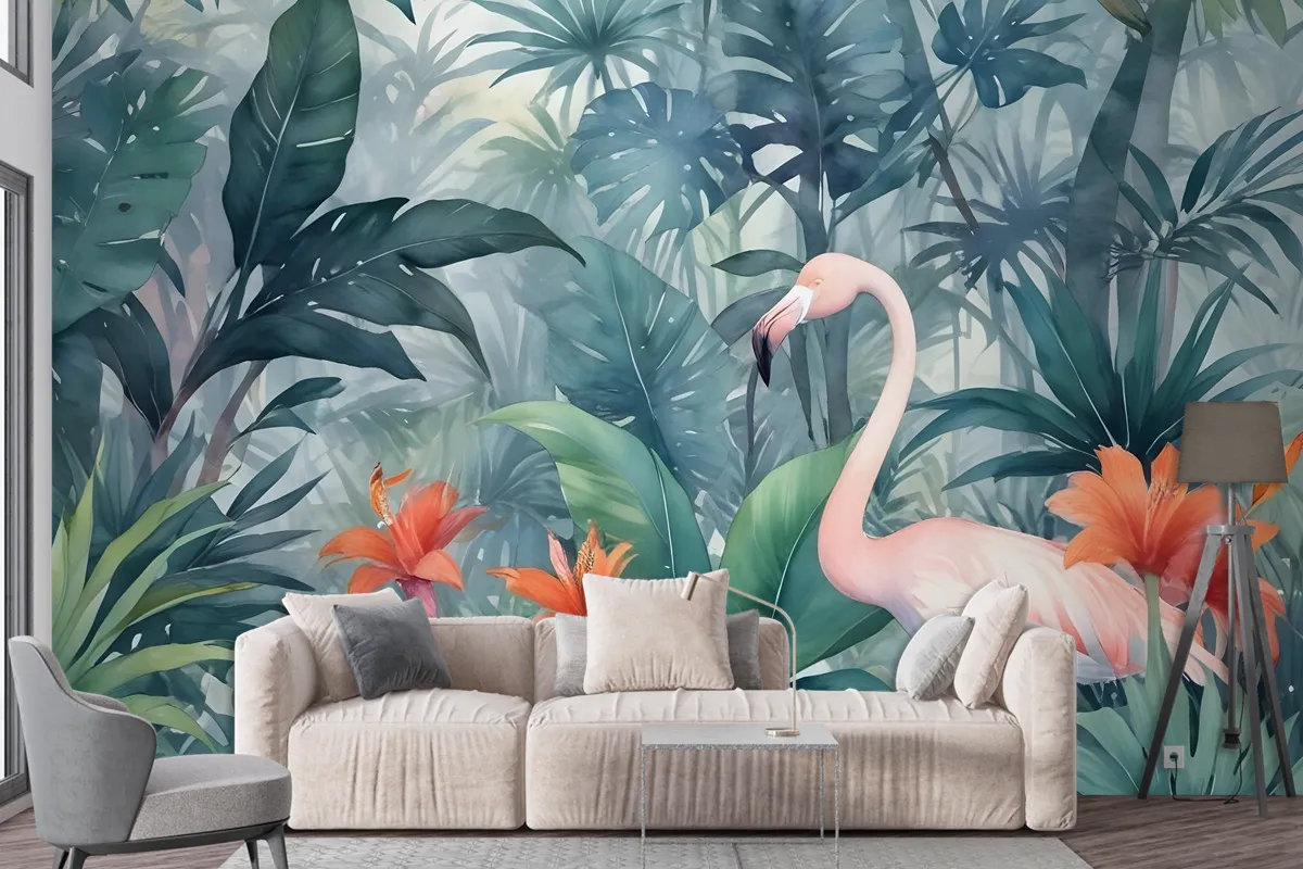 Watercolor Painting Forest And Storks Wallpaper Mural