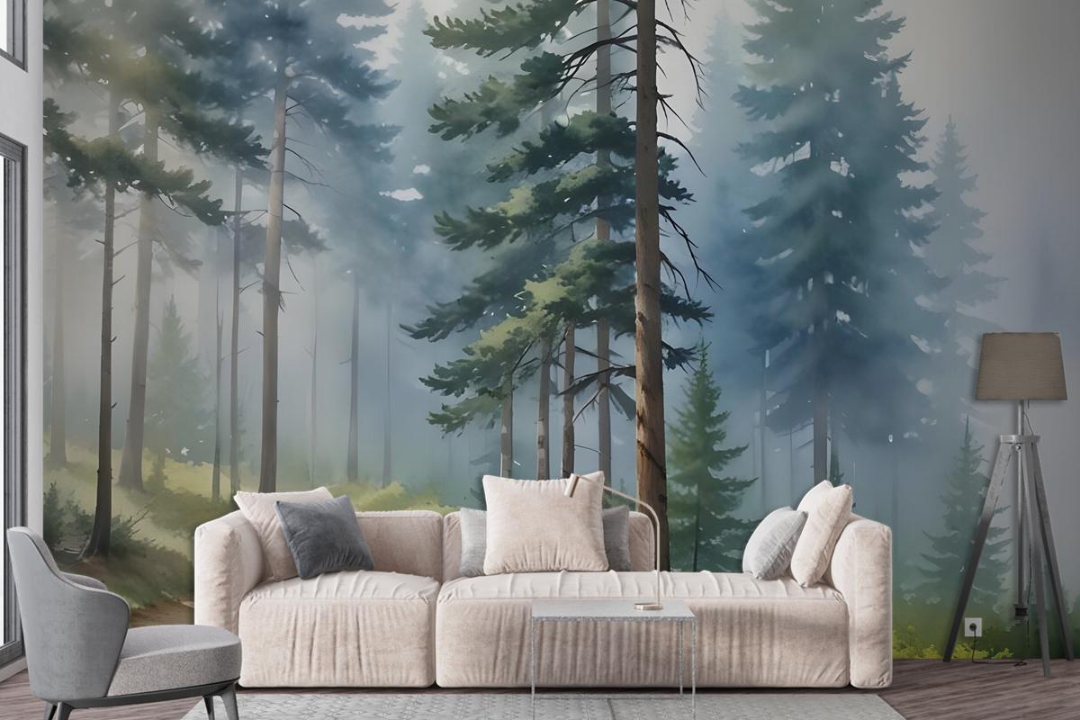 Watercolor Painting Misty Forestscape Wallpaper Mural