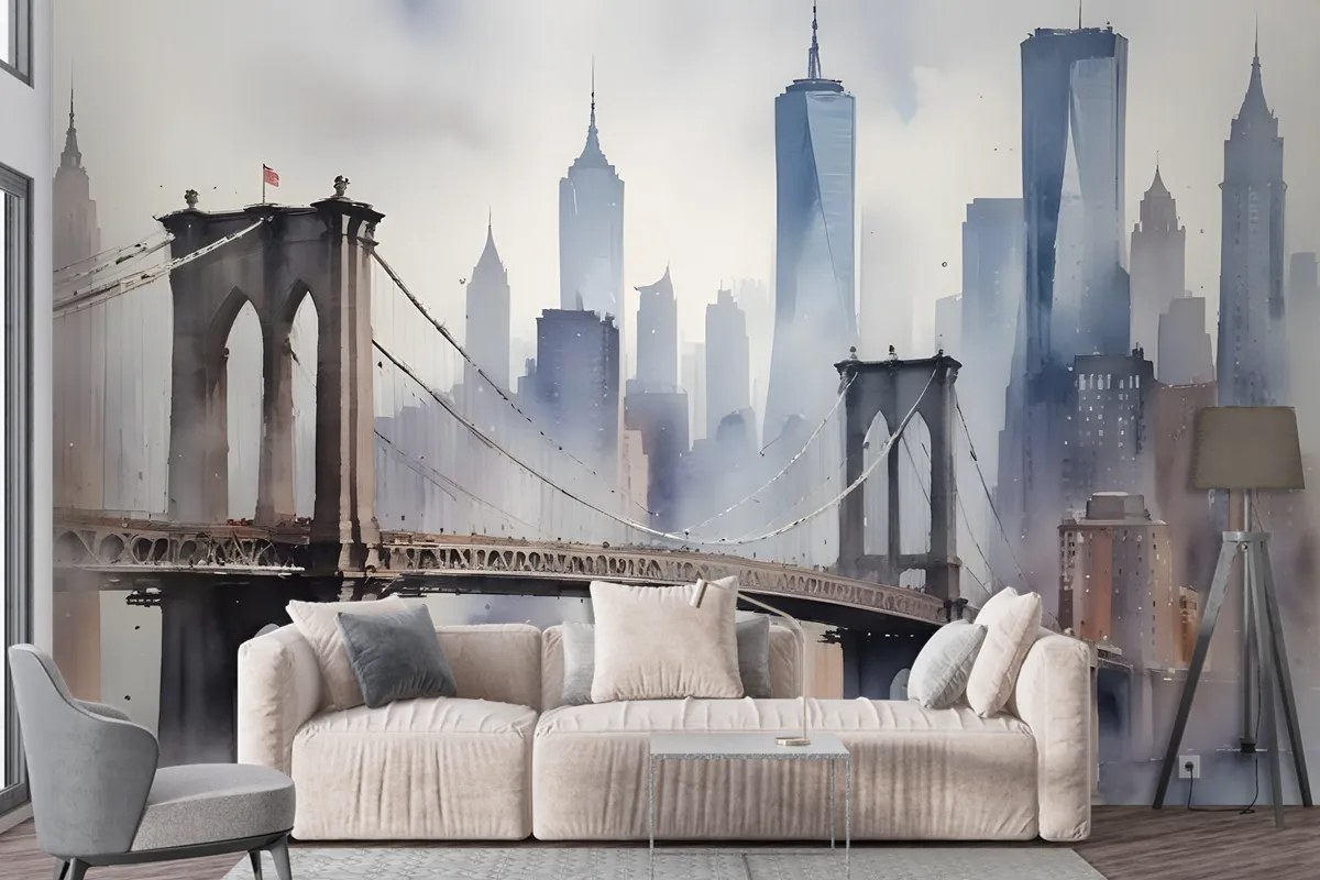 Watercolor Painting New York City Landscape Wallpaper Mural