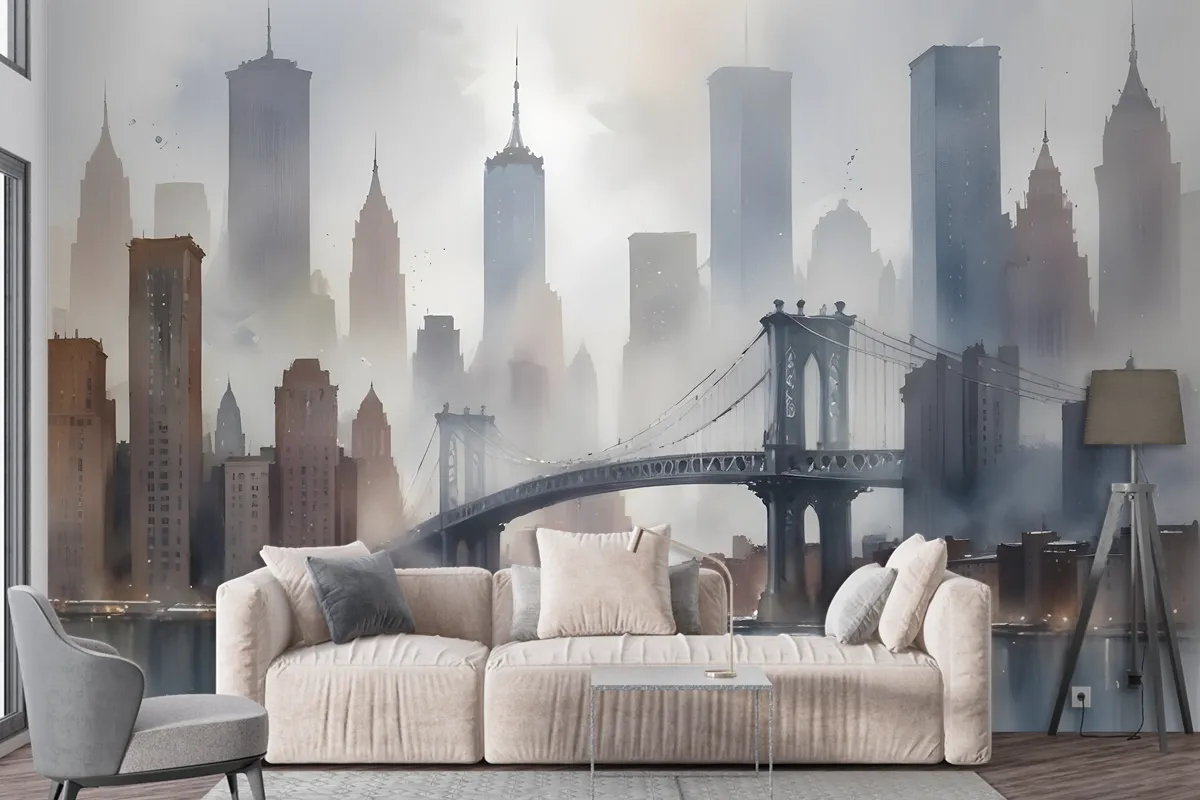 Watercolor Painting New York City Landscape Wallpaper Mural