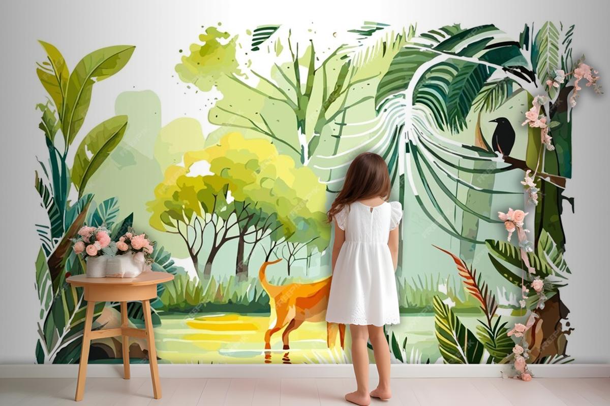 Watercolor Painting Of A Dog And A Bird In A Jungle Wallpaper Mural