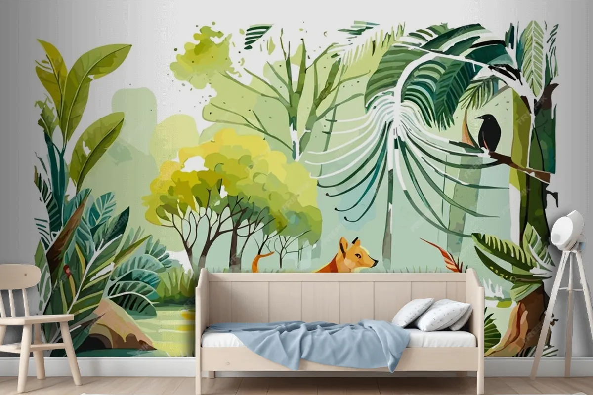 Watercolor Painting Of A Dog And A Bird In A Jungle Wallpaper Mural