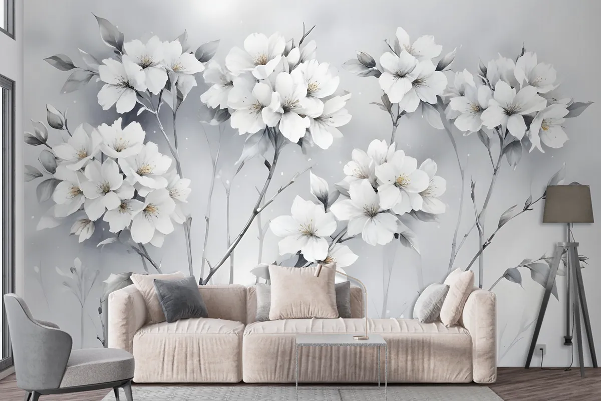 Watercolor Painting White Flowers Wallpaper Mural