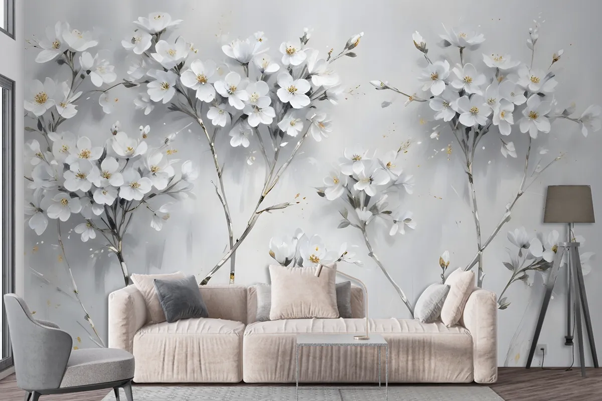 Watercolor Painting White Flowers Wallpaper Mural