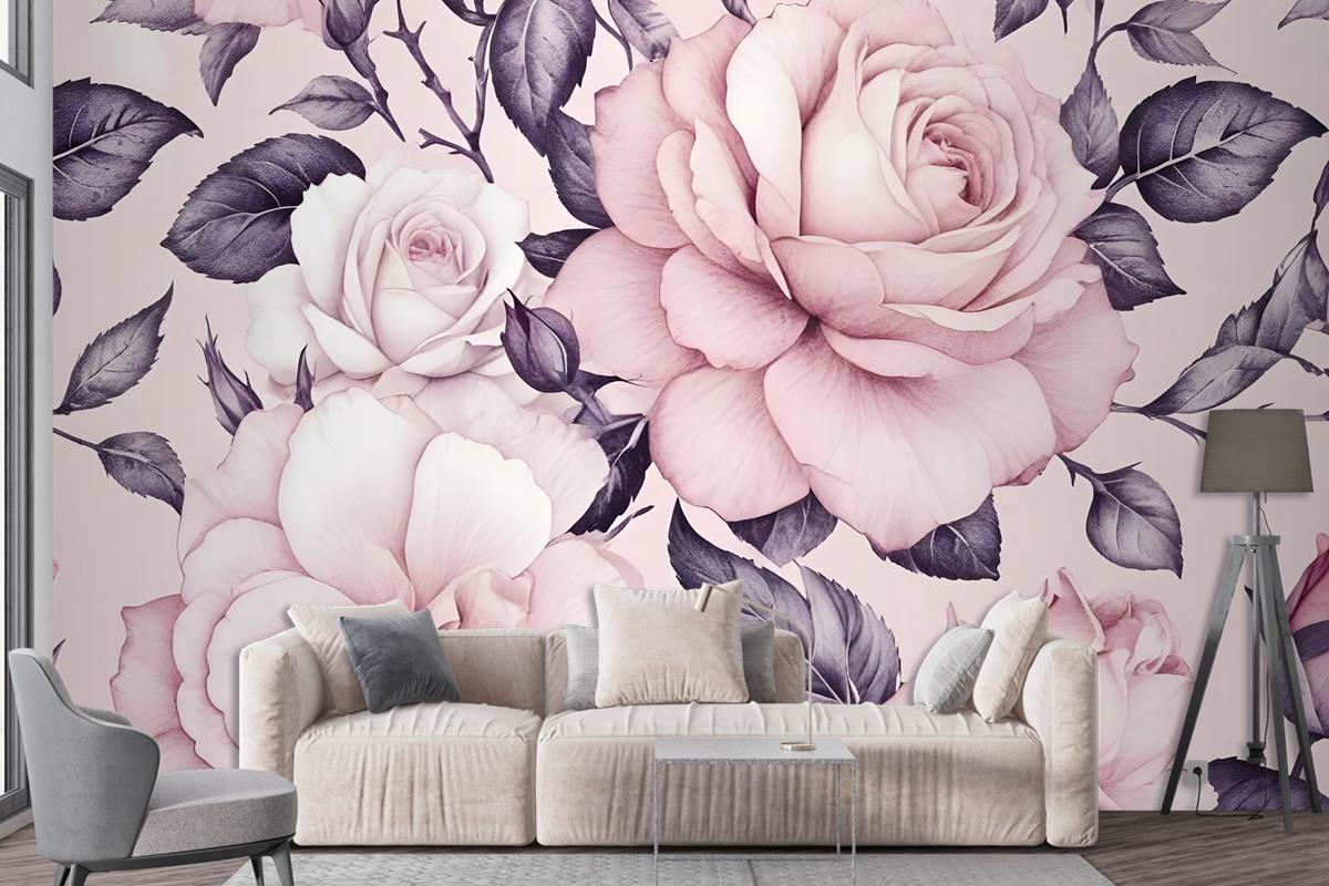 Watercolor Pink Floral Pattern Wallpaper Mural