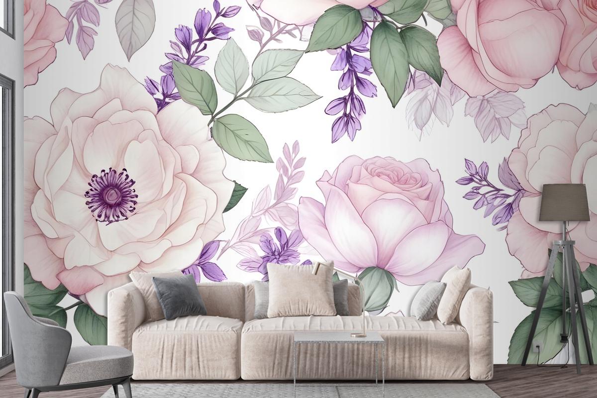 Watercolor Pink Floral Pattern With Wisteria Wallpaper Mural