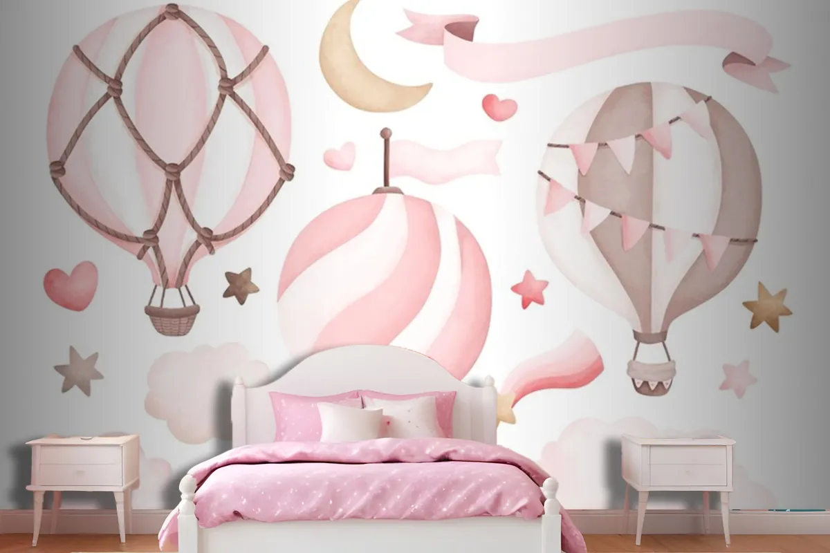 Watercolor Pink Hot Air Balloon Wallpaper Mural