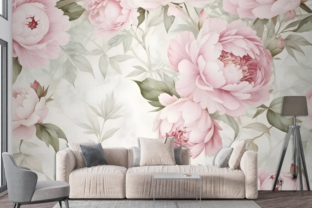 Watercolor Pink Peony Floral Blossom Wallpaper Mural