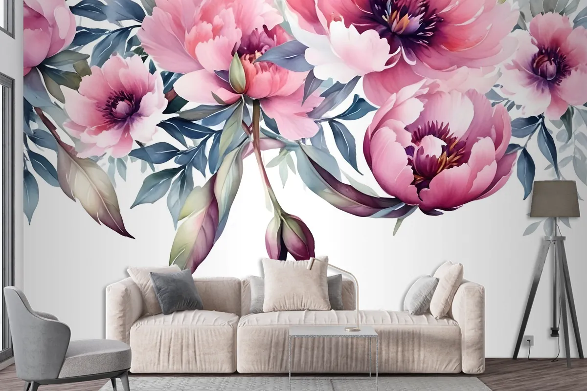 Watercolor Pink Peony Flower Wallpaper Mural