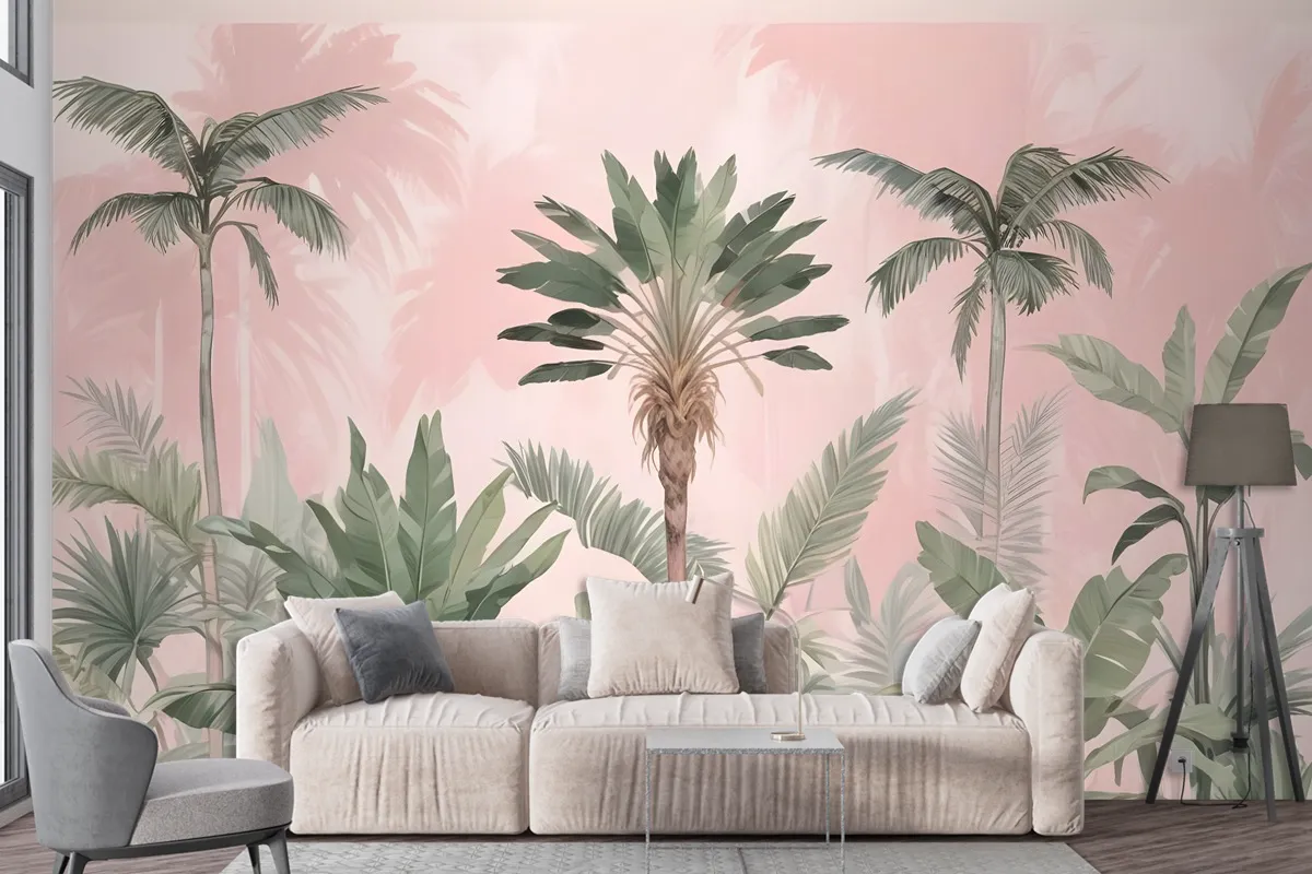 Watercolor Pink Tropical Chinoiserie Wallpaper Mural