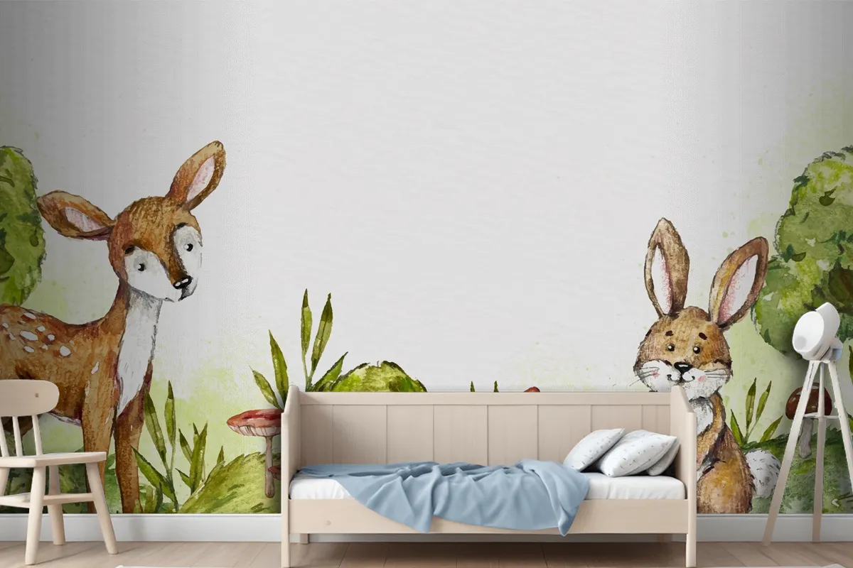 Watercolor Rabbit And Deer In Forest Wallpaper Mural