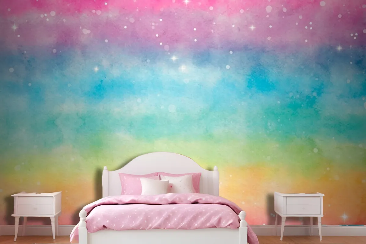 Watercolor Rainbow Background Girl Wallpaper Mural