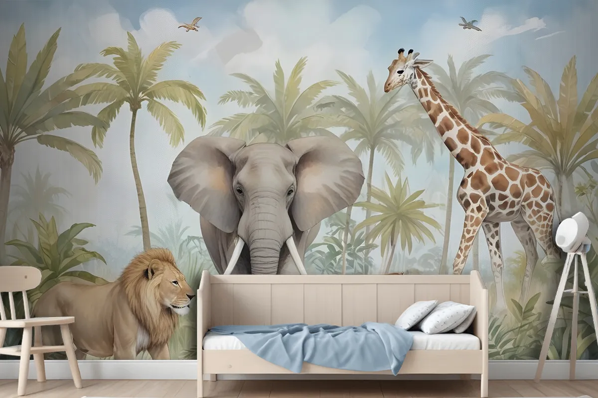 Watercolor Safari Animals In Forest Wallpaper Mural