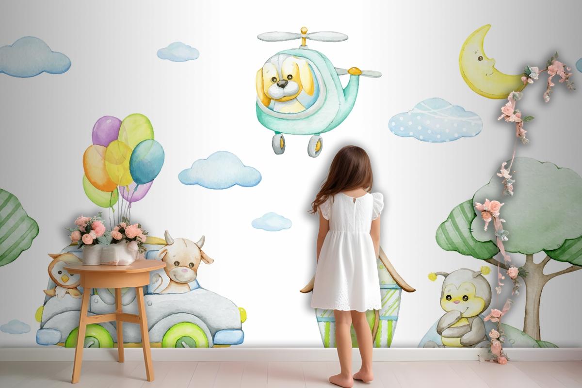 Watercolor Seamless Pattern In Cartoon Style Tropical Animals Car Helicopter Moon Wallpaper Mural