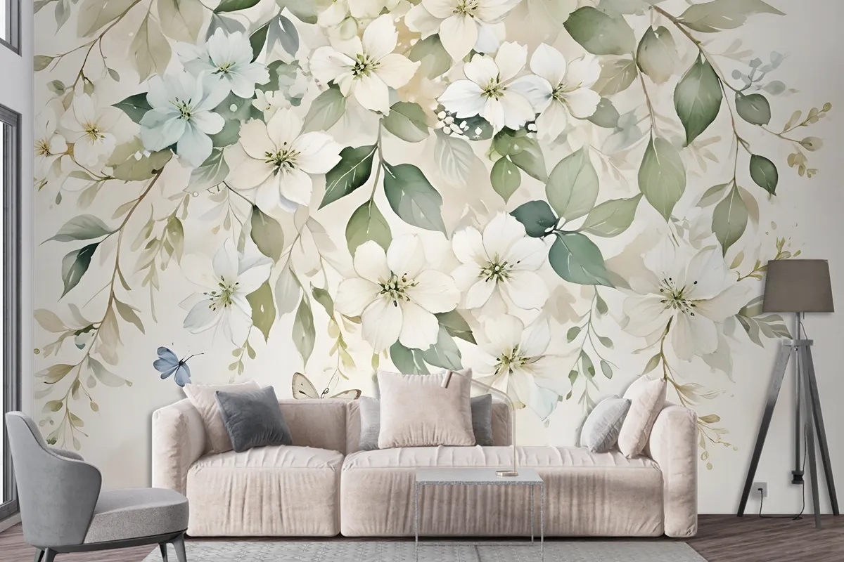 Watercolor Soft Floral With Green Leaves Wall Mural