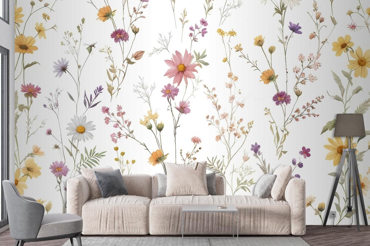 Watercolor Soft Wild Flowers Wallpaper Mural