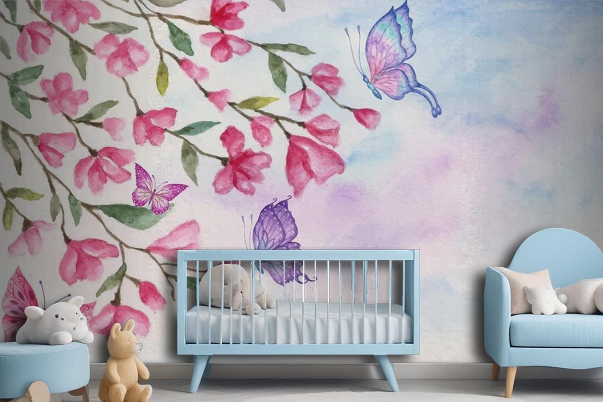 Watercolor Spring Landscape Background With Lovely Butterflies Wallpaper Mural