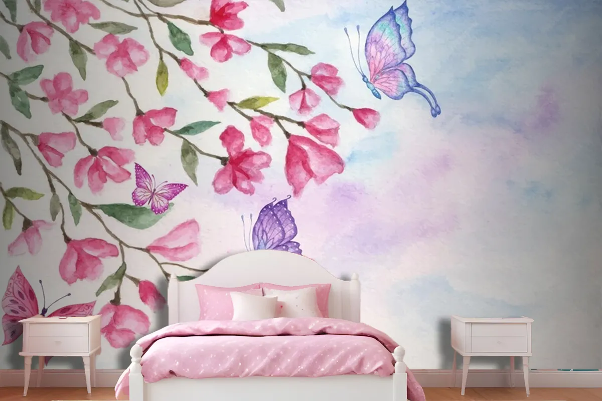 Watercolor Spring Landscape Background With Lovely Butterflies Wallpaper Mural