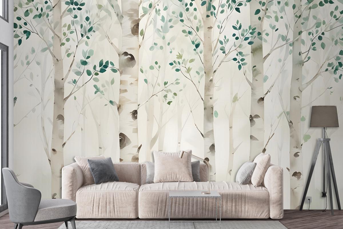 Watercolor Style Forest With Green Brown Little Leaves Wallpaper Mural