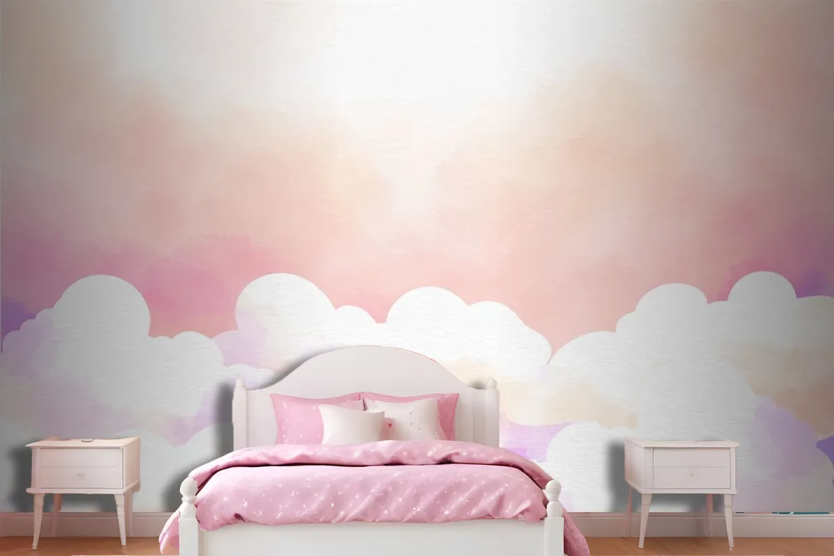 Watercolor Sugar Cotton Clouds Background Girl Wallpaper Mural