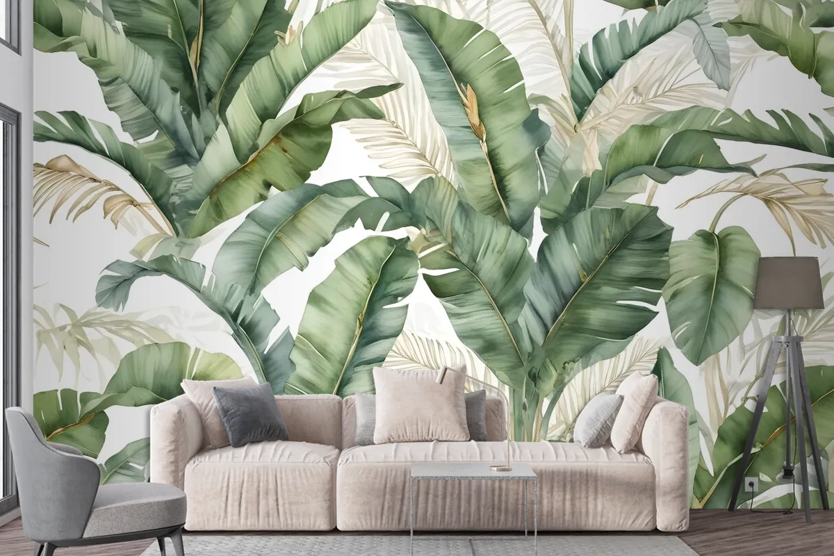 Watercolor Tropical Banana Leaf With Faux Gold Details Wallpaper Mural