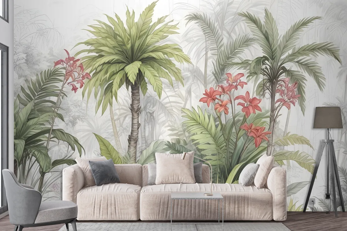 Watercolor Tropical Leaf And Flowers Wallpaper Mural