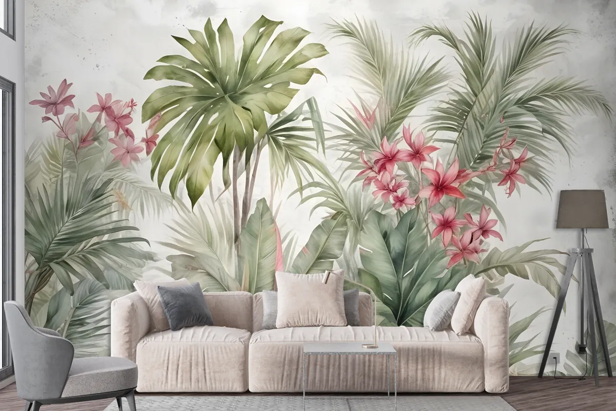 Watercolor Tropical Leaf And Flowers Wallpaper Mural